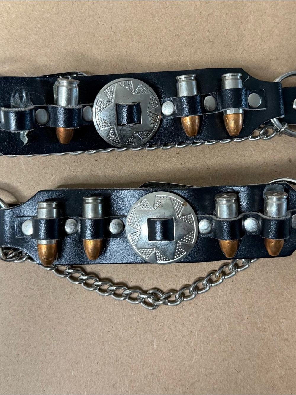 Pair Black Leather Western Spur Straps w/ 9 mm Bullets.
